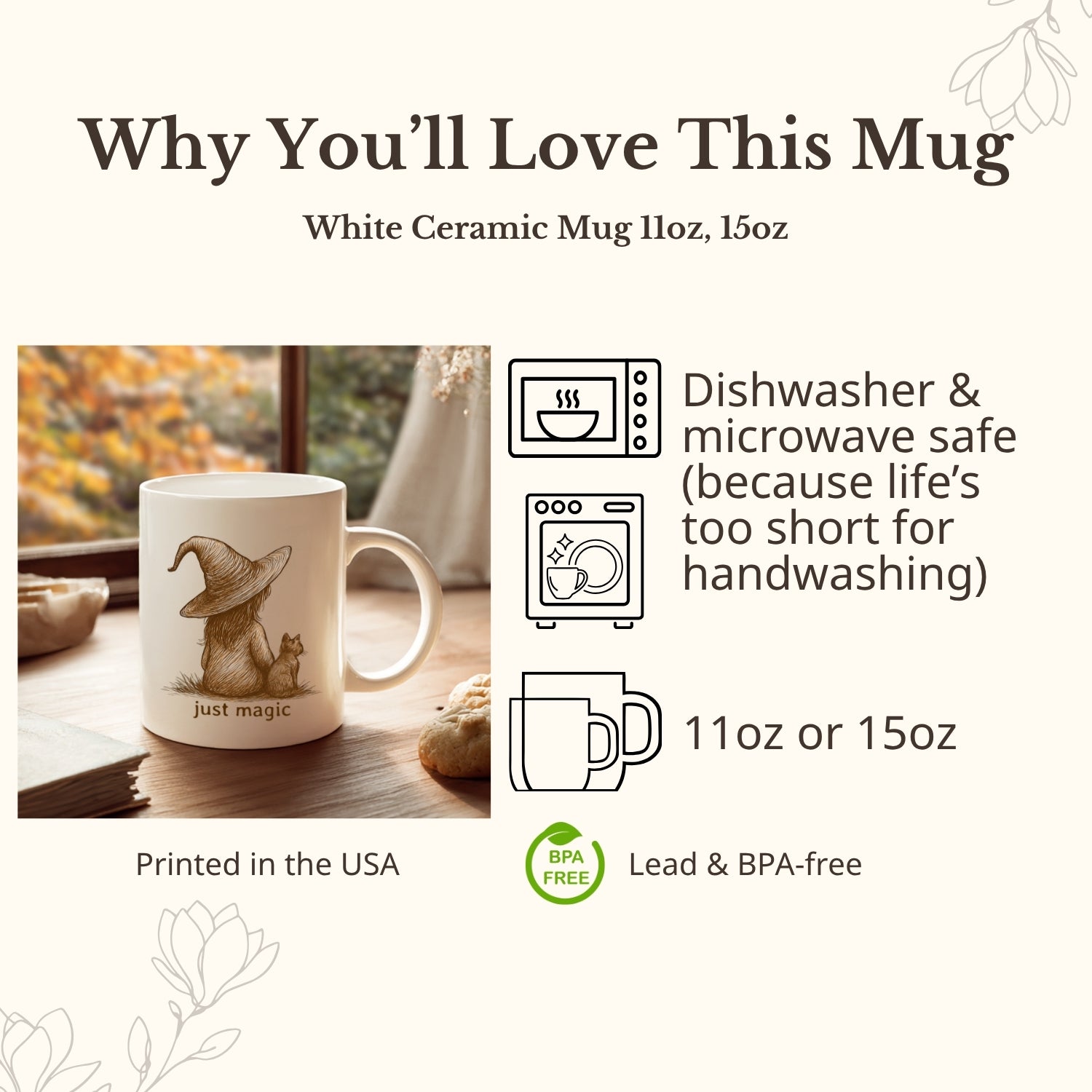 White ceramic mug with a design and text, displayed with product features on a white background.