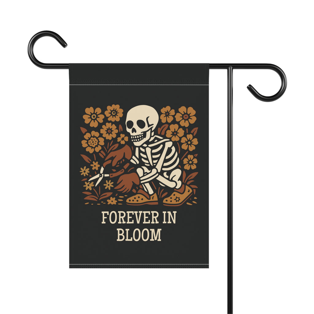 Garden flag with skeleton and flowers design and 'Forever in Bloom' text on a black background.