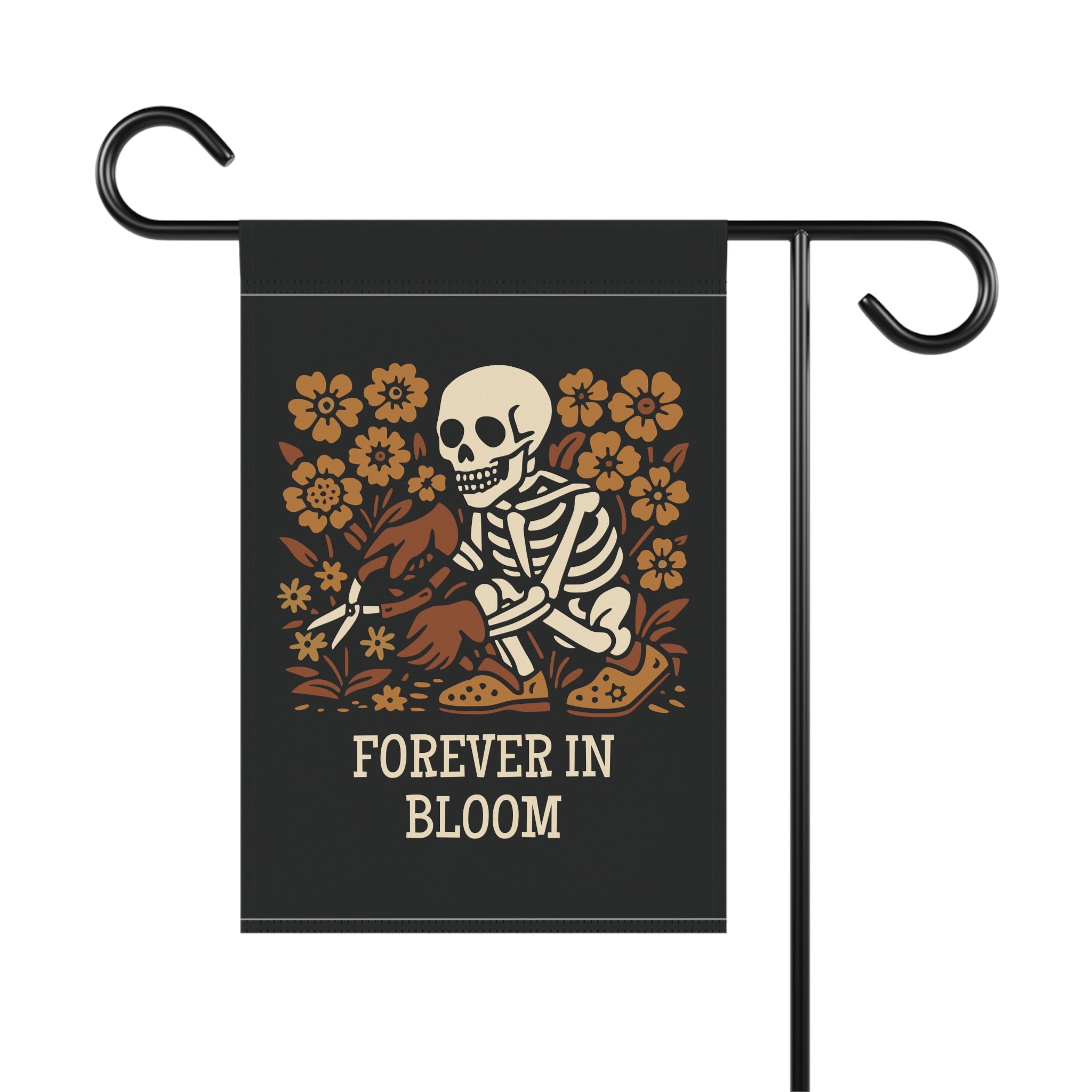 Garden flag with skeleton and flowers design and 'Forever in Bloom' text on a black background.