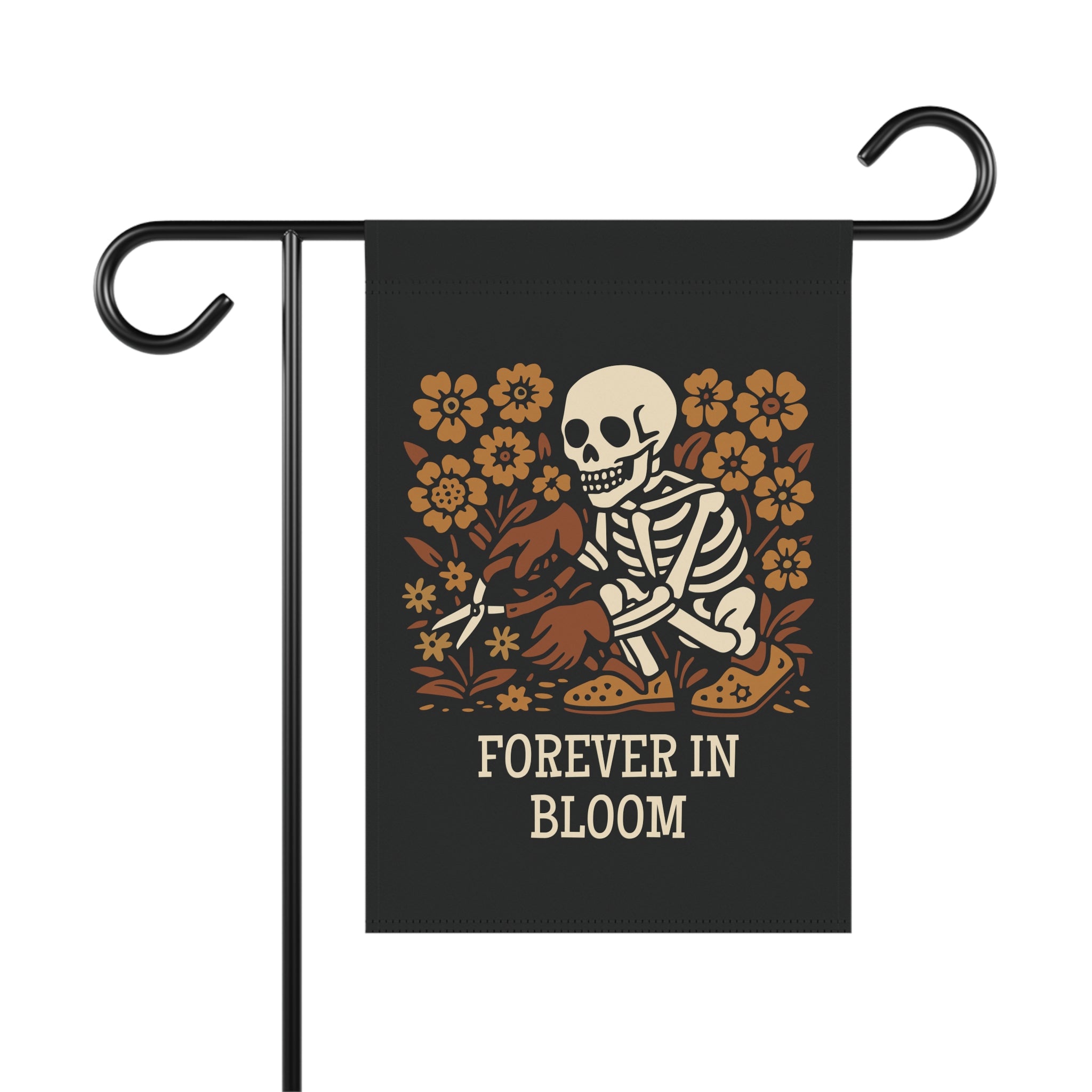 Garden flag with skeleton and flowers design on a black background