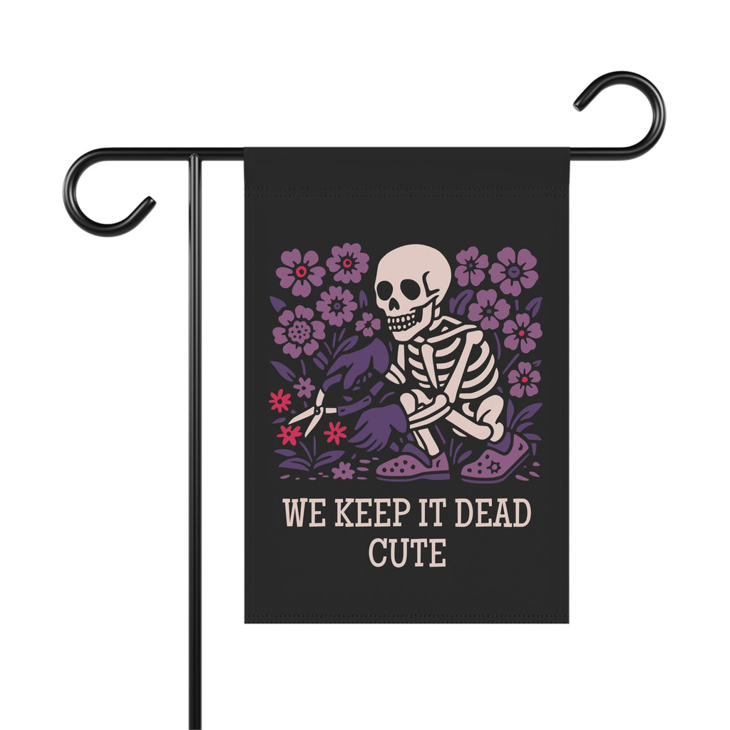 Garden flag with skeleton and flowers design on a black background