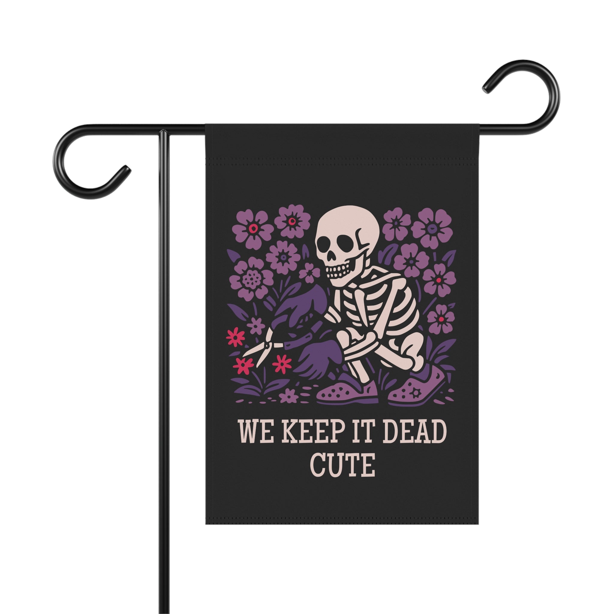 Garden flag with skeleton and flowers design on a black background