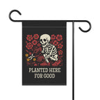 Garden flag with skeleton and flowers design on a black background