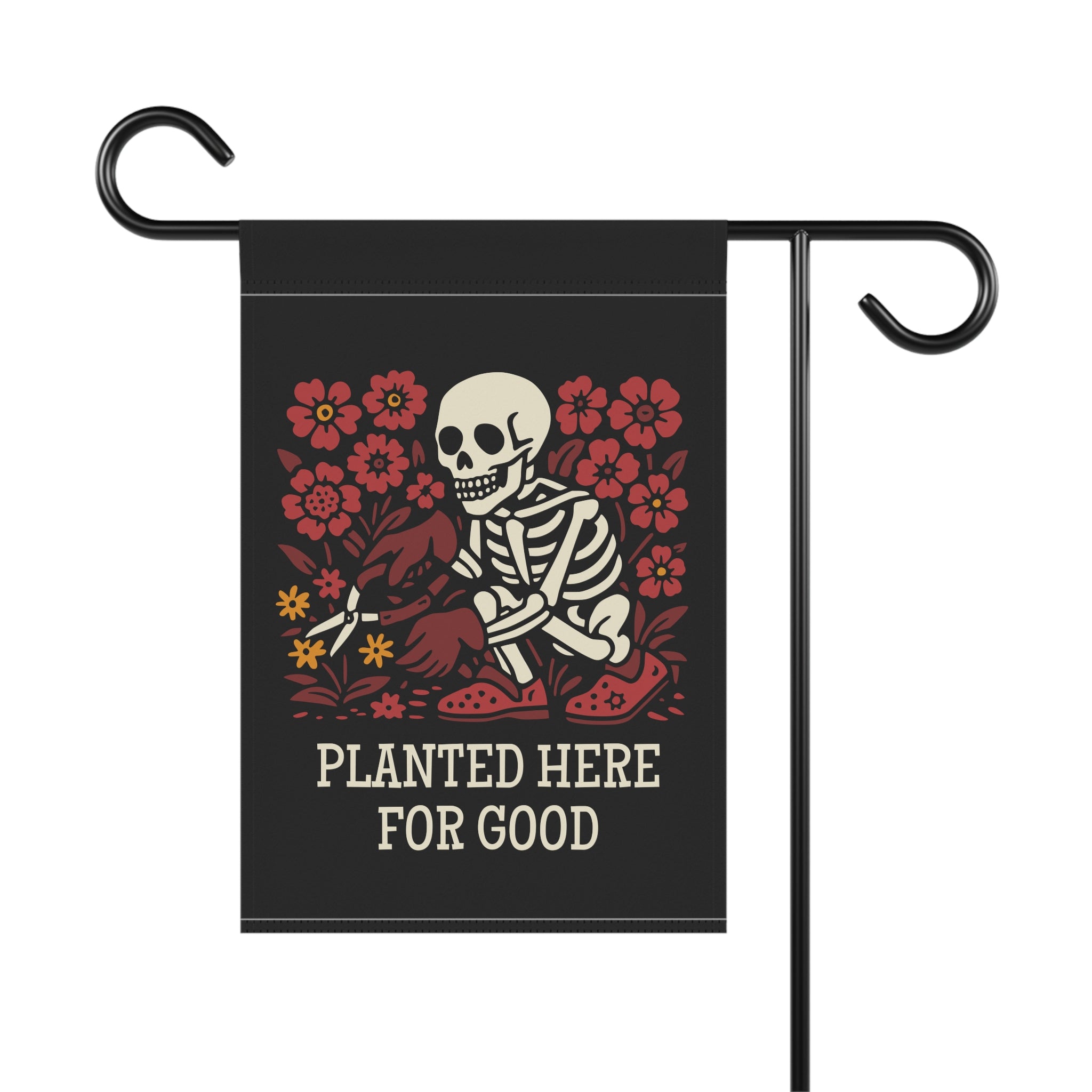 Garden flag with skeleton and flowers design on a black background