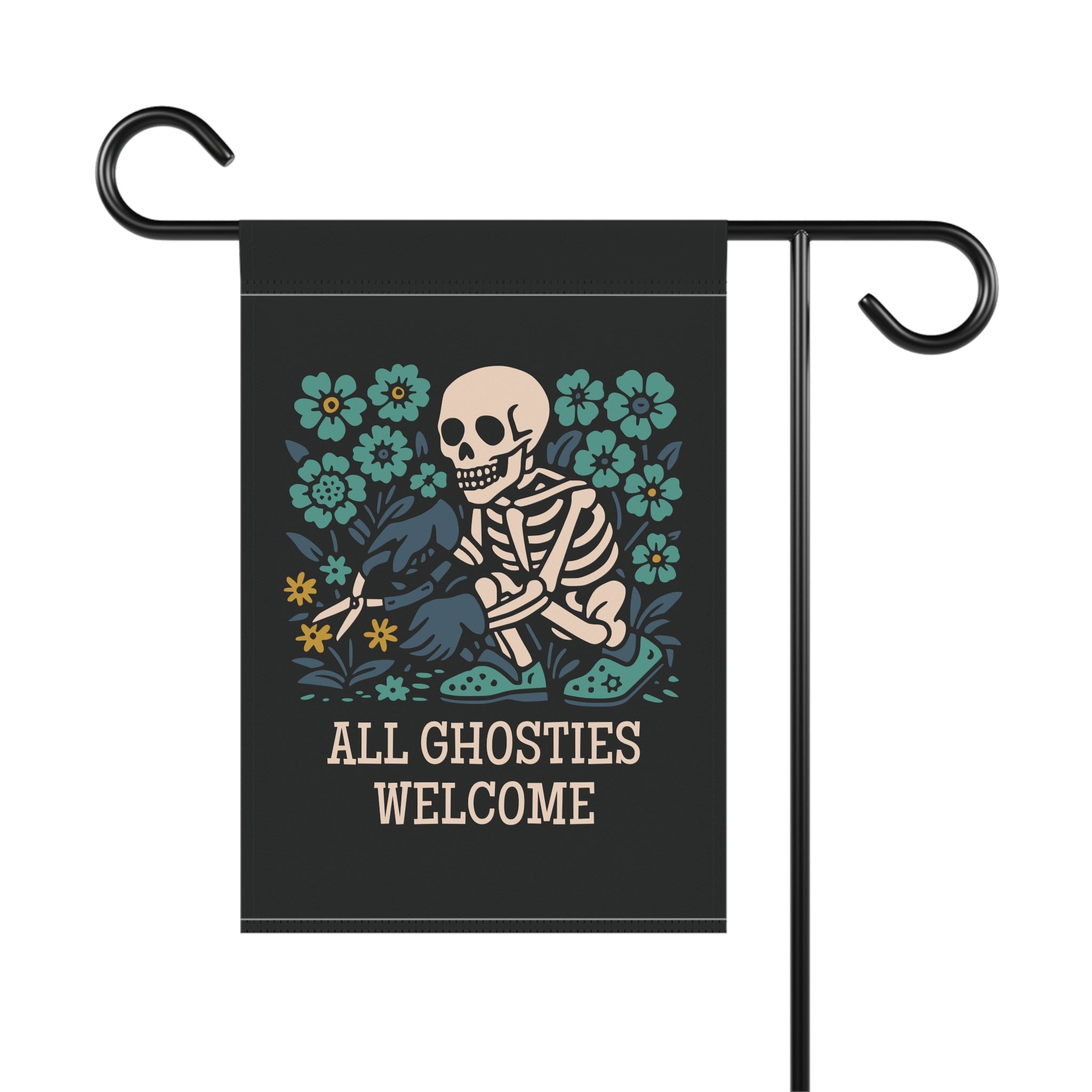 Decorative garden flag with a skeleton and flowers design and text 'All Ghosties Welcome' on a black background.