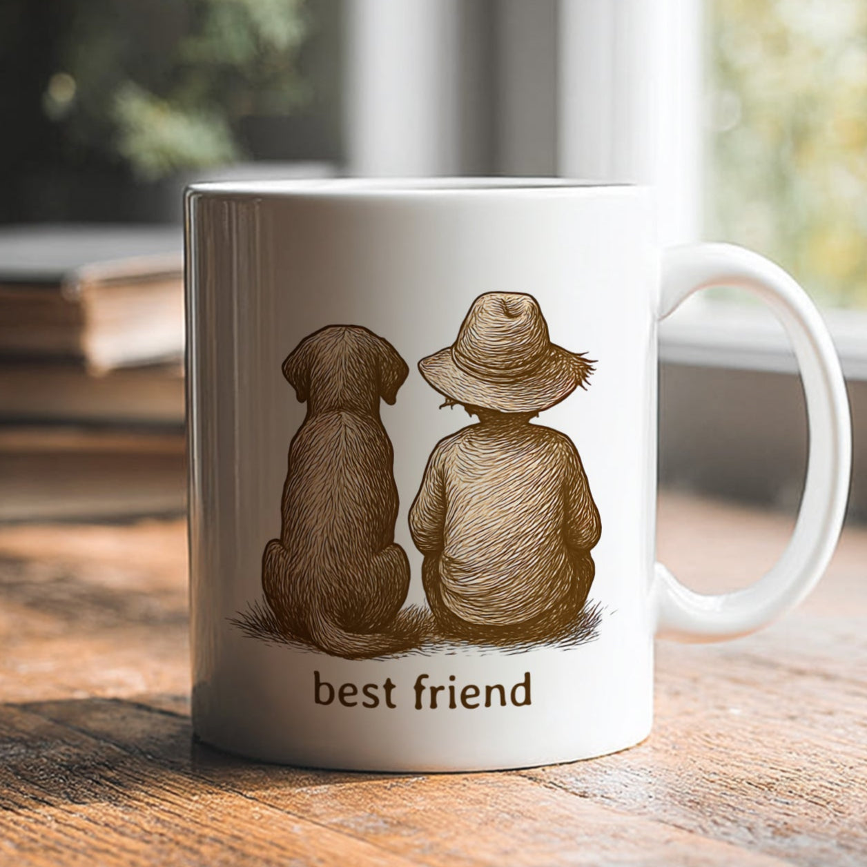 White mug with illustration of a child and dog sitting together with 'best friend' text on a wooden surface.