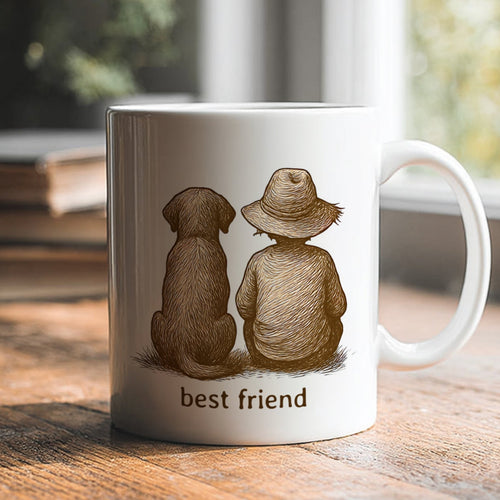 White mug with illustration of a child and dog sitting together with 'best friend' text on a wooden surface.