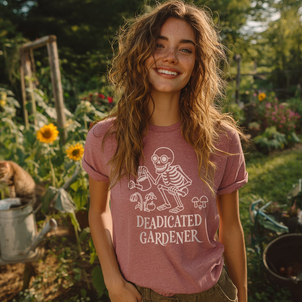 Woman wearing a 'Deadicated Gardener' t-shirt in a garden setting