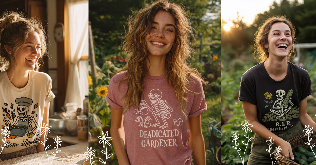 Three images of a woman wearing different t-shirts with skeleton graphics and text in an outdoor setting.