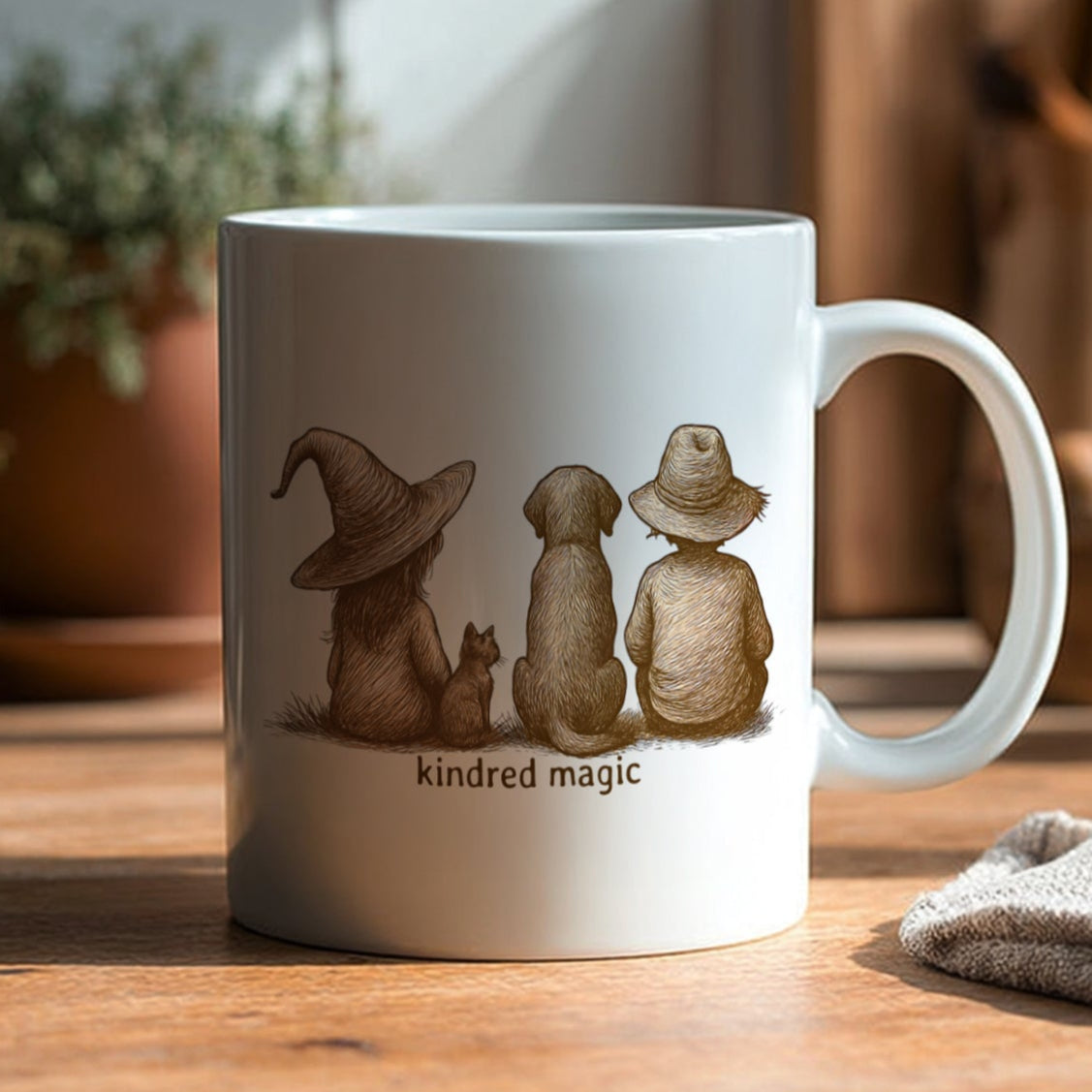 White mug with a design of three figures and the text 'kindred magic' on a wooden surface.