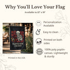 Decorative flag with skeleton design and text, displayed outdoors.