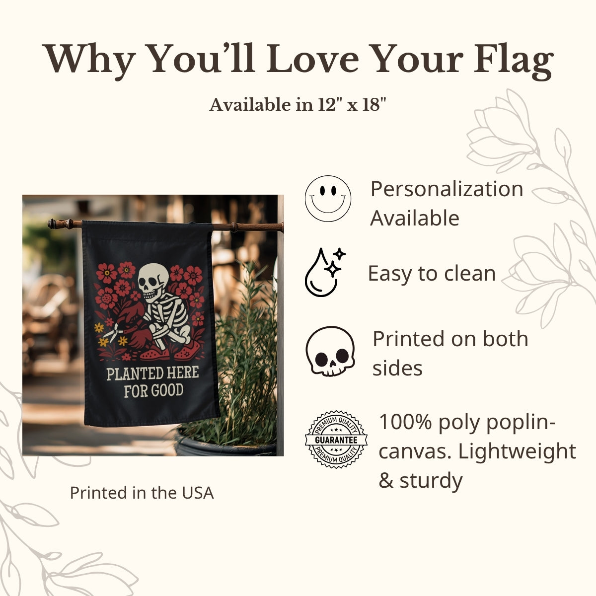 Decorative flag with skeleton design and text, displayed outdoors.