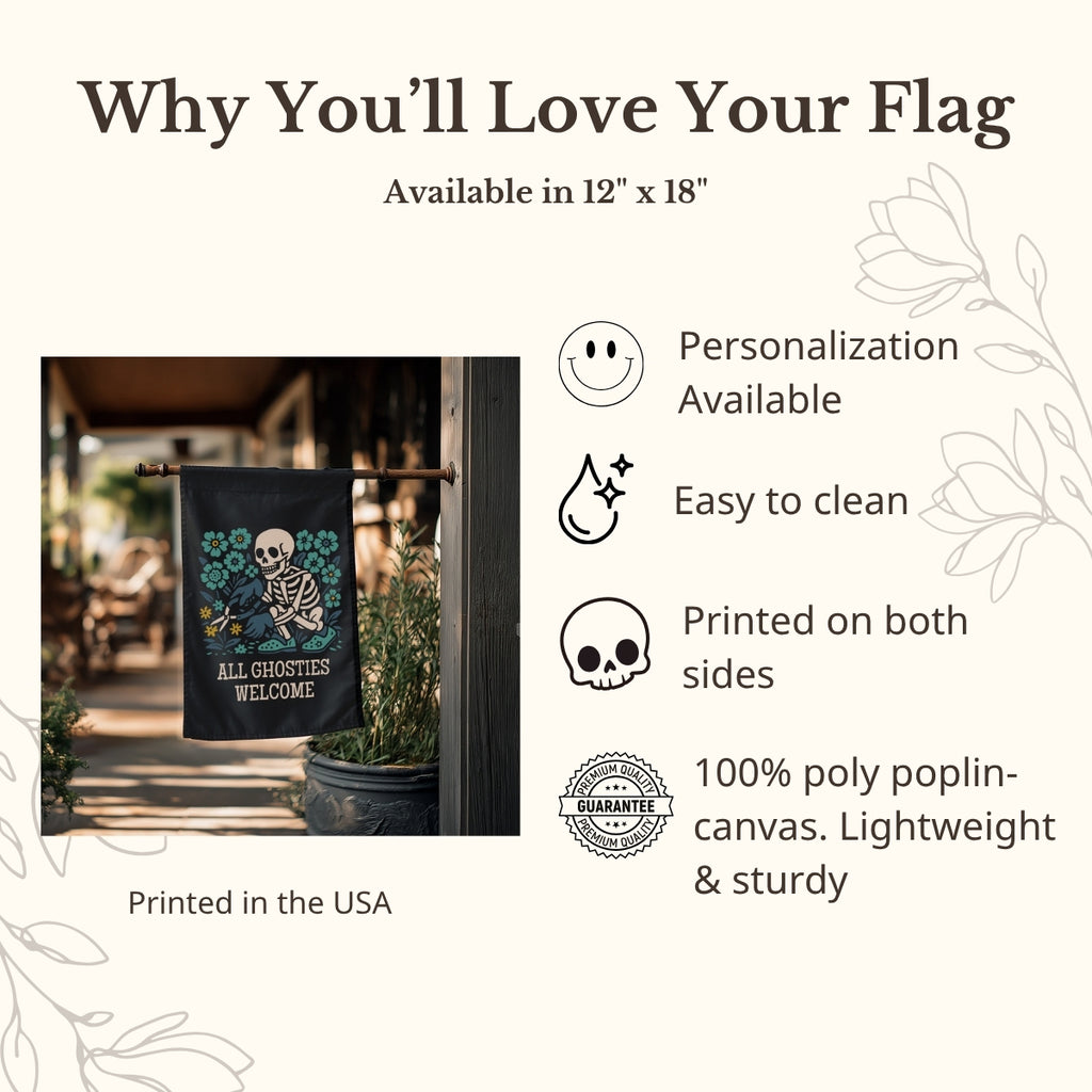 Promotional graphic for a flag with a skeleton design, featuring text about the flag's features and availability.