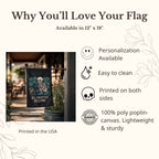 Promotional graphic for a flag with a skeleton design, featuring text about the flag's features and availability.
