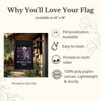 Promotional graphic for a decorative flag with a skeleton design, featuring text about the flag's features.