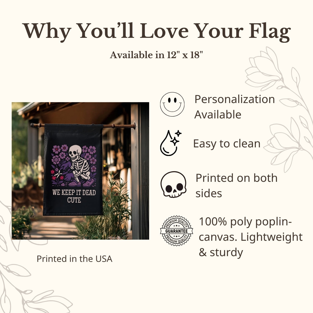 Promotional graphic for a decorative flag with a skeleton design, featuring text about the flag's features.