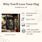 Halloween-themed decorative flag with a skeleton design, displayed outdoors.