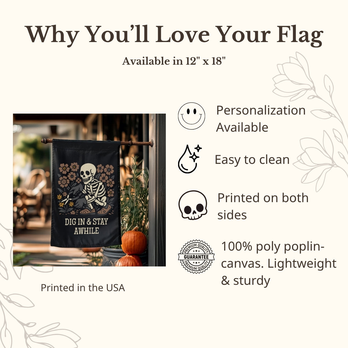 Halloween-themed decorative flag with a skeleton design, displayed outdoors.