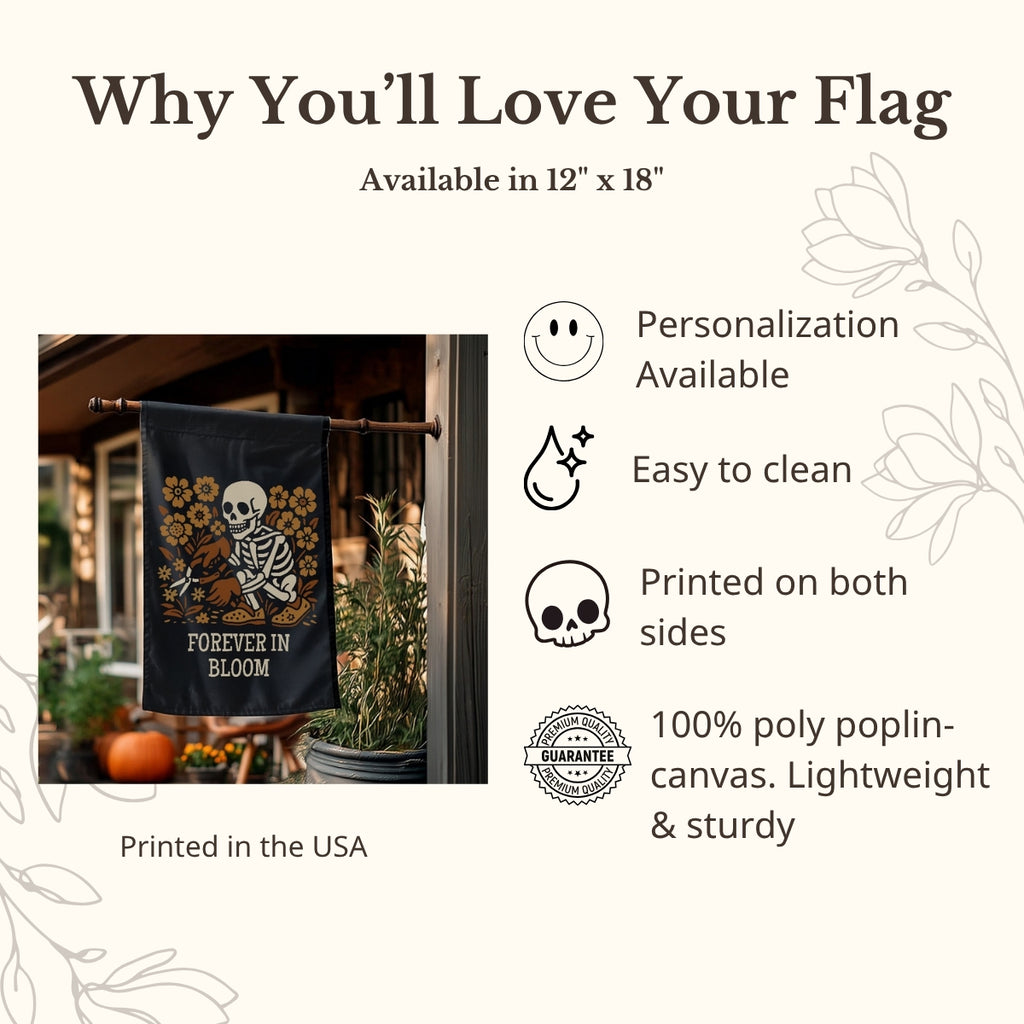 Promotional graphic for a decorative flag with a skeleton design, featuring text about the flag's features.