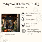 Promotional graphic for a decorative flag with a skeleton design, featuring text about the flag's features.