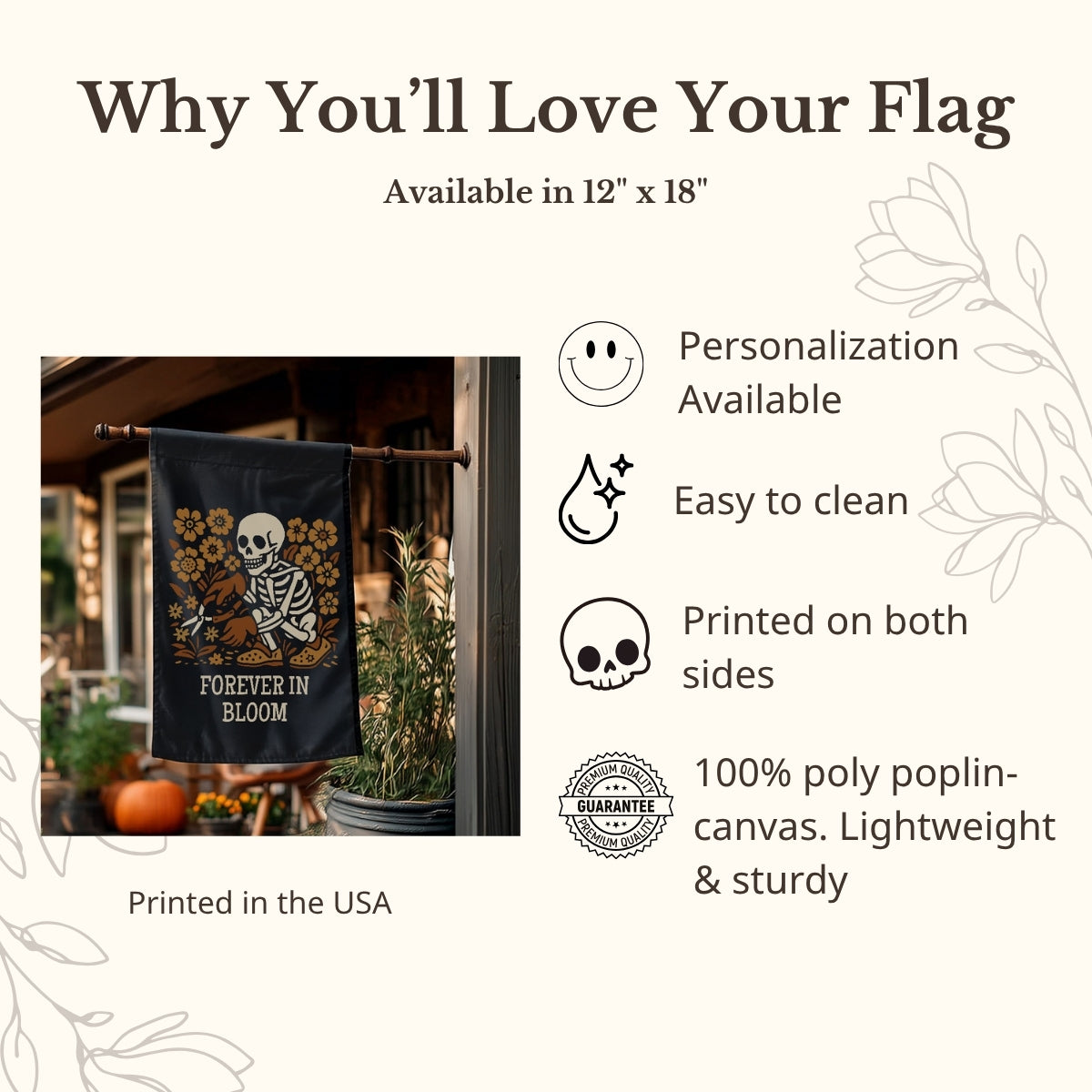 Promotional graphic for a decorative flag with a skeleton design, featuring text about the flag's features.