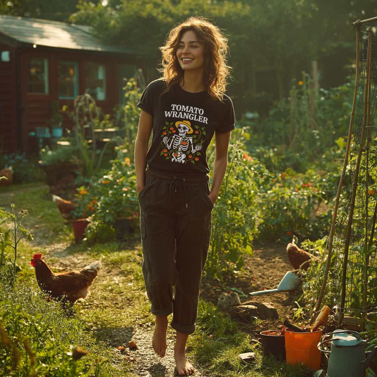 Woman walking in a garden with chickens, wearing a 'Tomato Wrangler' t-shirt.