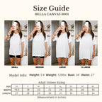 A size guide for Bella Canvas 3001 featuring the same model wearing a size small through X-large and how it fits on her.