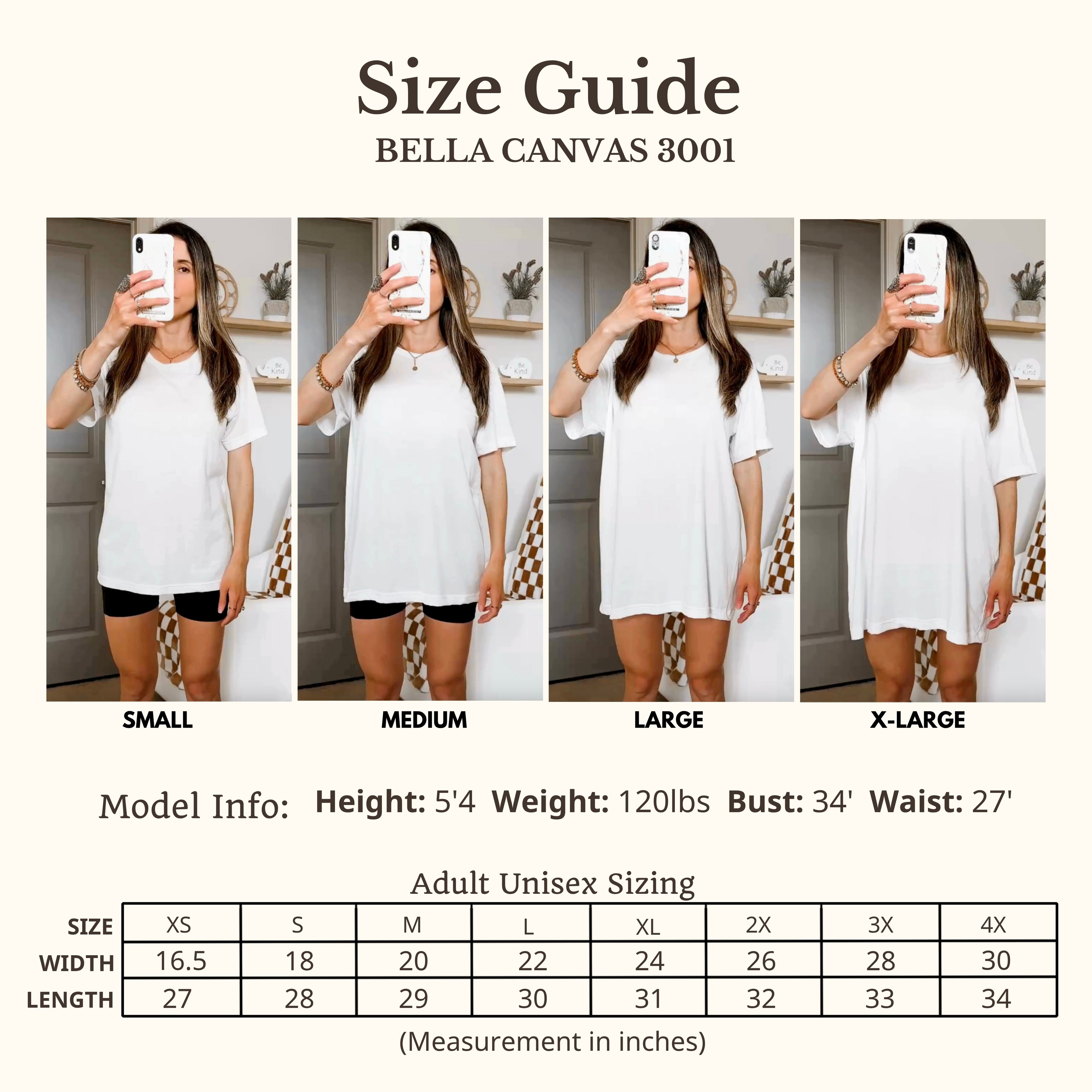 A size guide for Bella Canvas 3001 featuring the same model wearing a size small through X-large and how it fits on her.