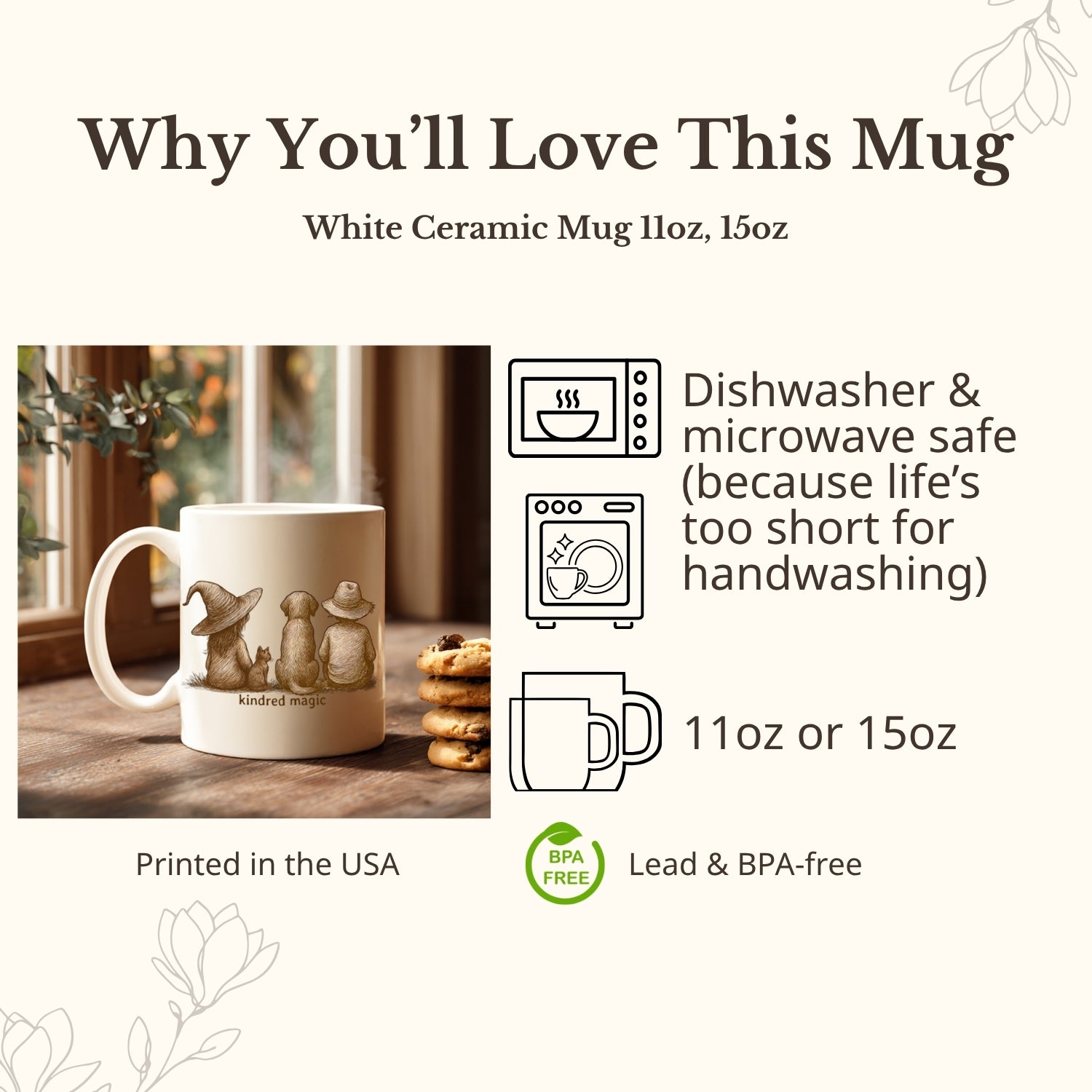 White ceramic mug with printed design on a wooden surface, surrounded by cookies.