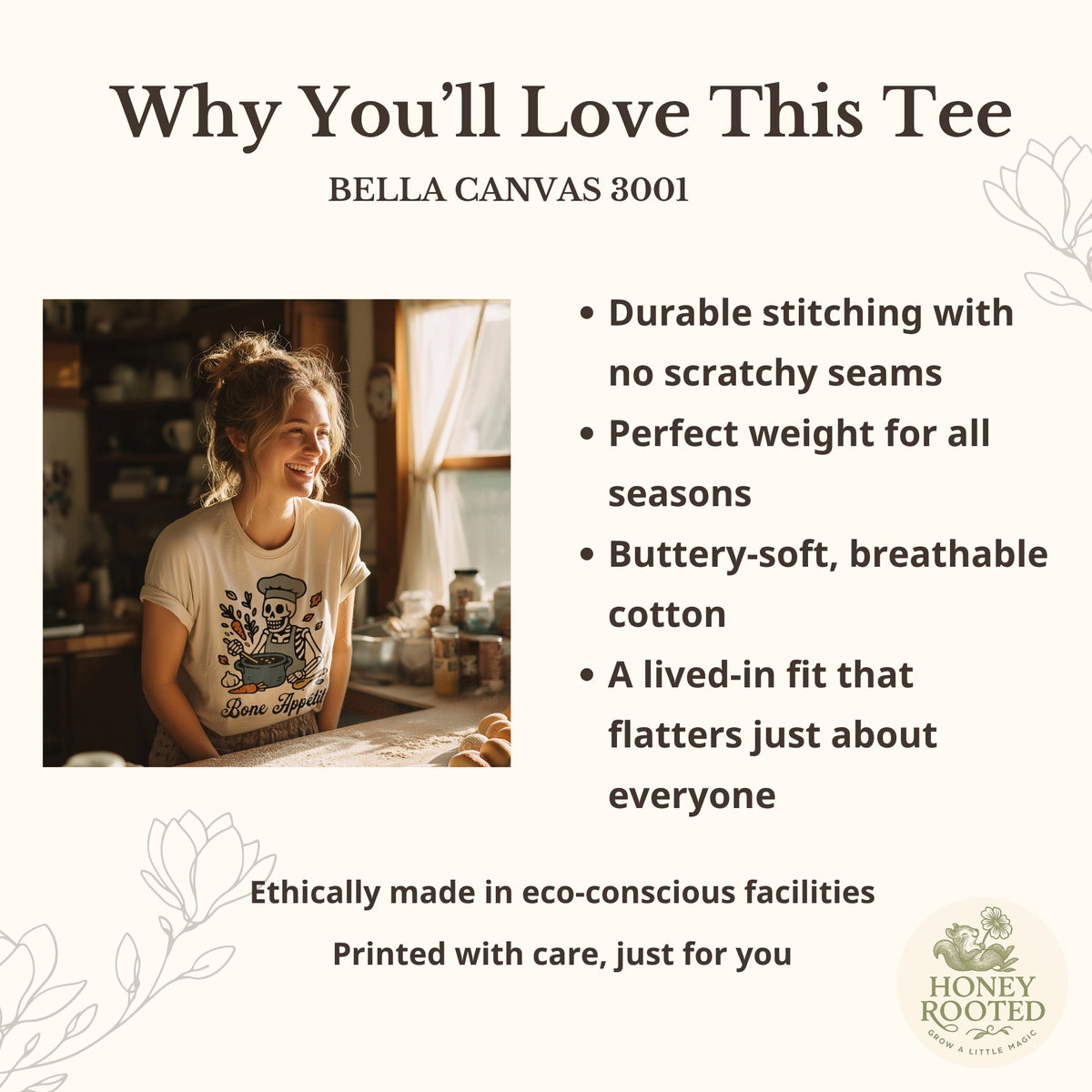Product sales card describing why you;ll love Bella canvas shirts in bullet points and highlighted by a happy woman wearing one of the Honey Rooted Tess in her kitchen.