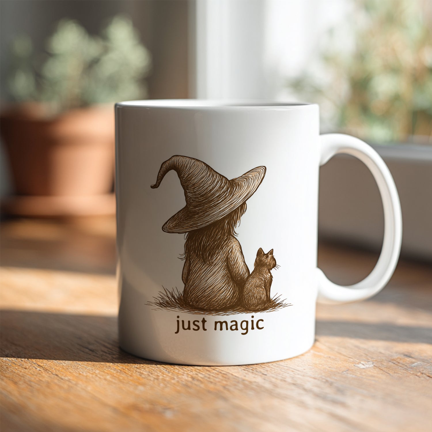 Mug with a design of a person in a witch hat with a cat and 'just magic' text on a wooden surface.