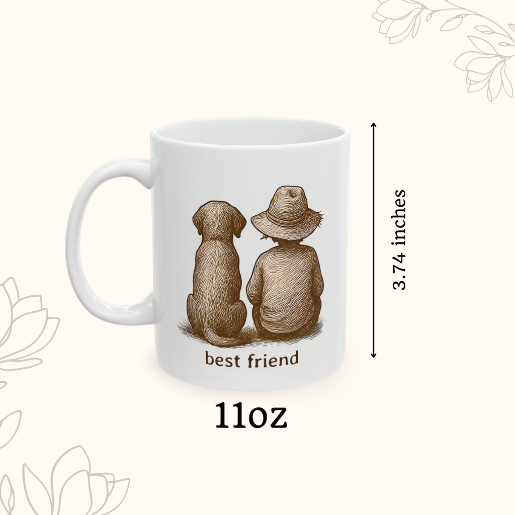 White mug with illustration of two dogs and 'best friend' text, shown with dimensions on a white background.