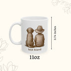 White mug with illustration of two dogs and 'best friend' text, shown with dimensions on a white background.