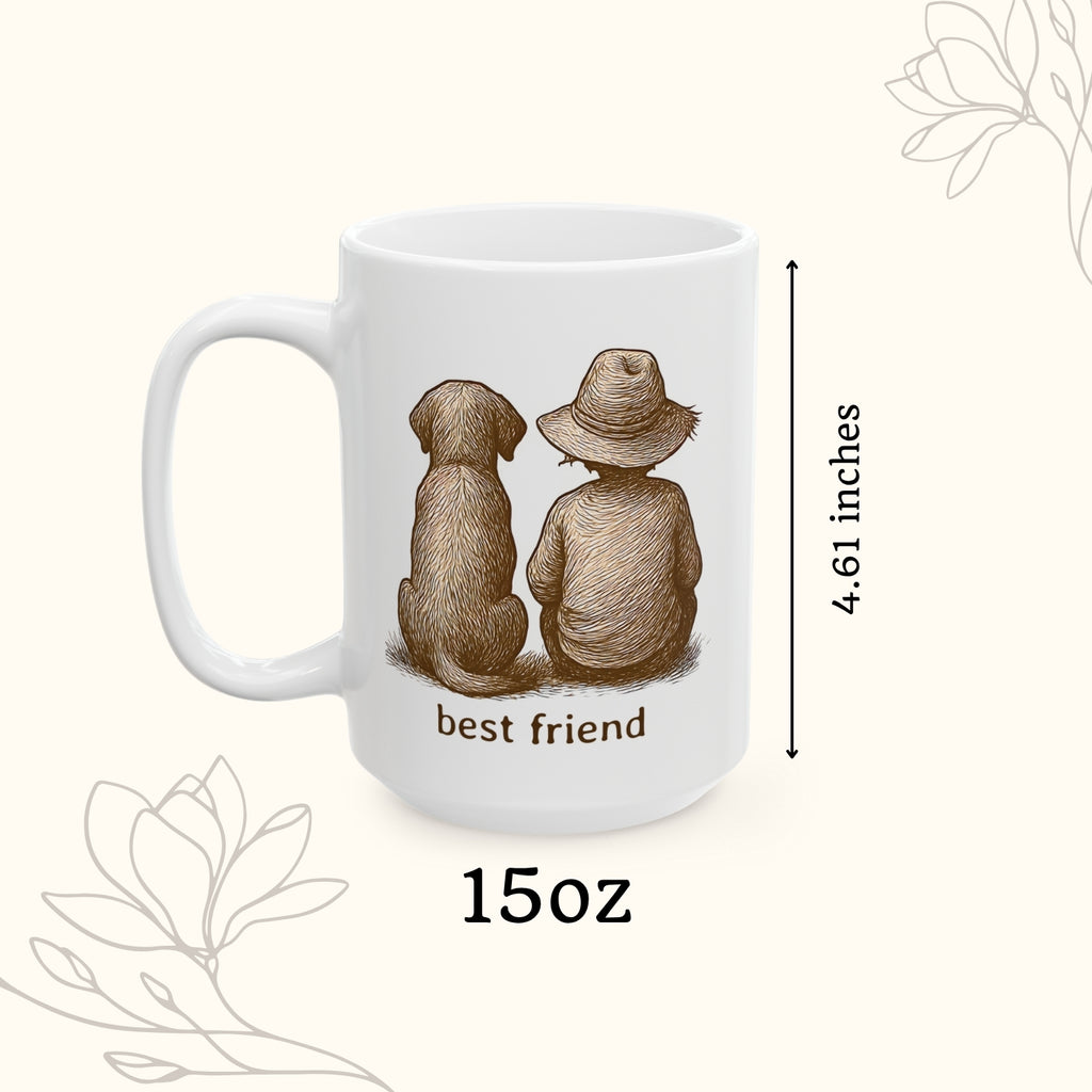 White mug with illustration of a boy and dog sitting together, labeled 'best friend', size '15oz', and height '4.61 inches'.