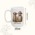 White mug with illustration of a boy and dog sitting together, labeled 'best friend', size '15oz', and height '4.61 inches'.