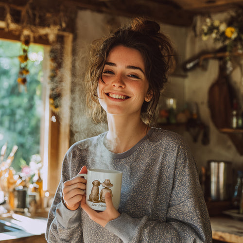 Woman holding a mug with steam, smiling in a cozy kitchen.