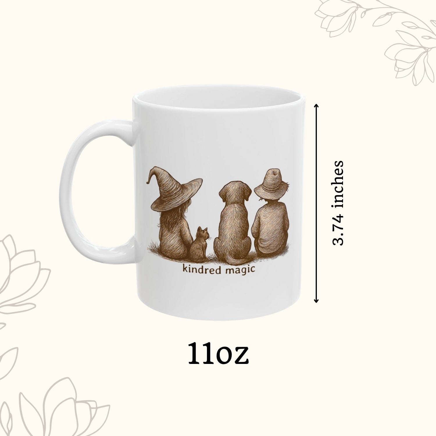 White mug with illustrations of three animals wearing hats and the text 'kindred magic', displayed with measurements on a white background.