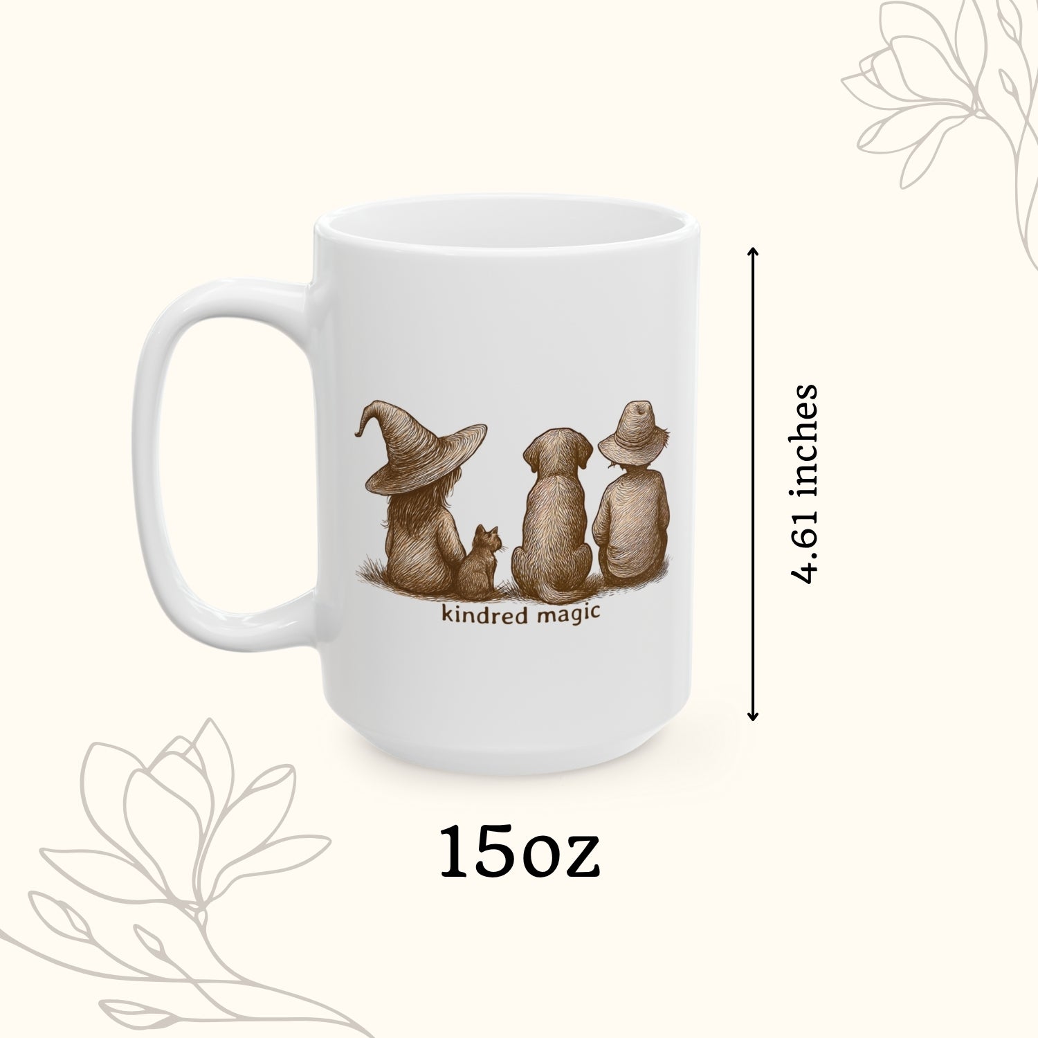 White mug with illustrations of three animals and text 'kindred magic', size 15oz, height 4.61 inches.
