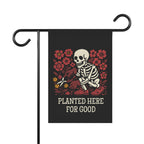 Garden flag with skeleton and flowers design on a black background