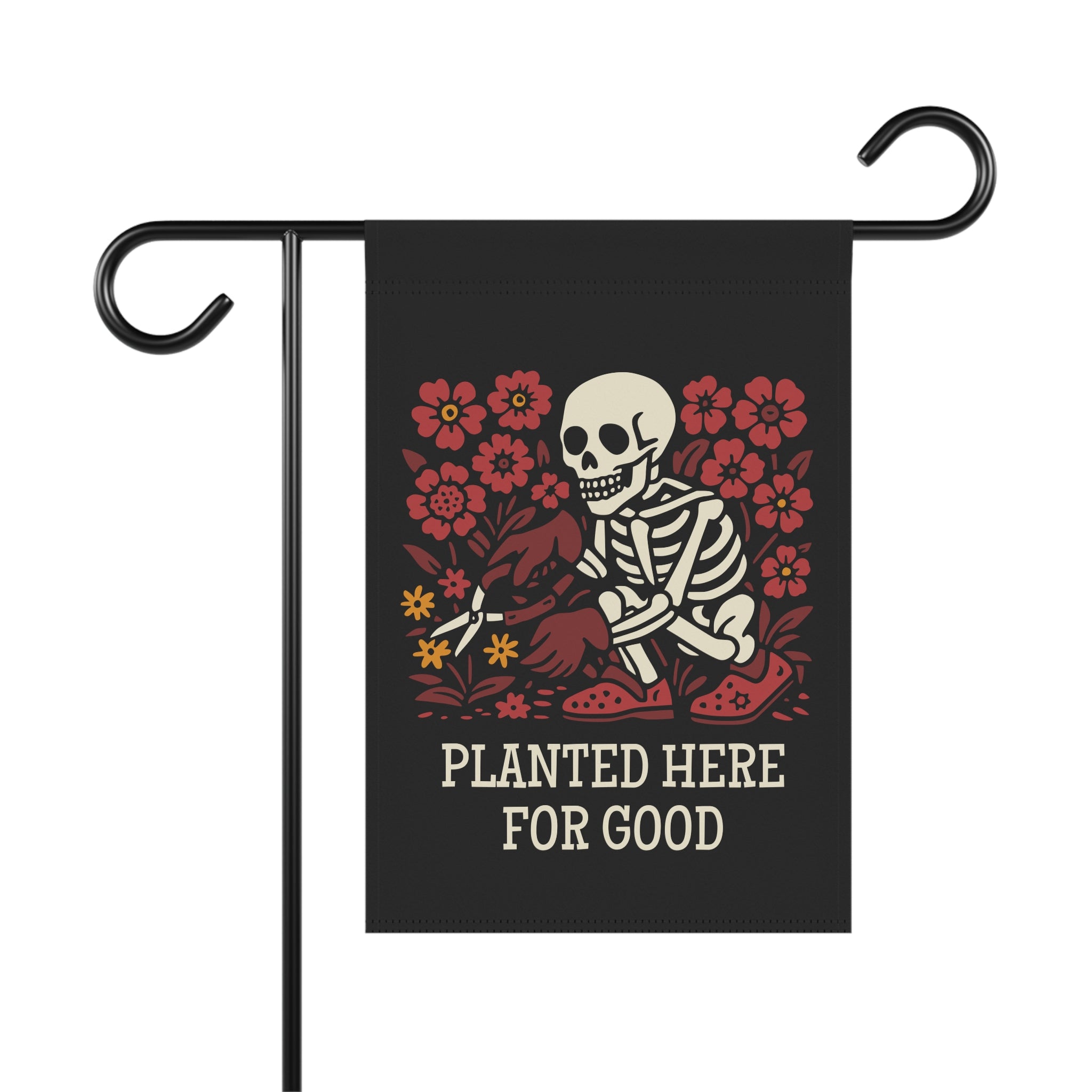 Garden flag with skeleton and flowers design on a black background